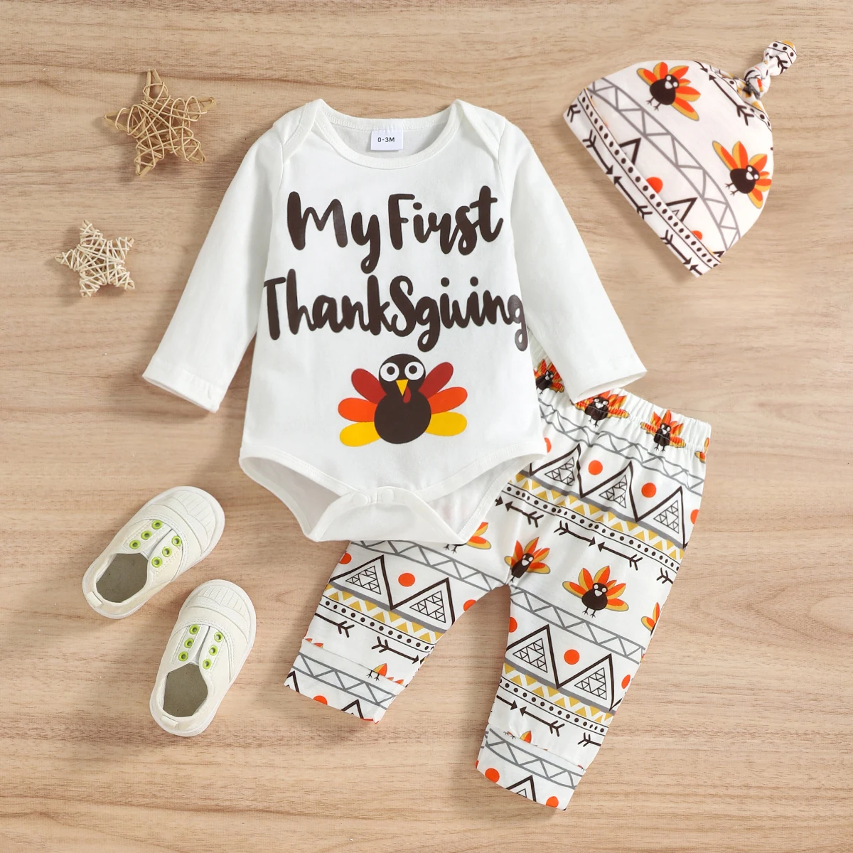 Unisex Baby Casual Thanksgiving Letter Print Triangle Blanket+Pants Two-Piece Set for Spring/Autumn Season