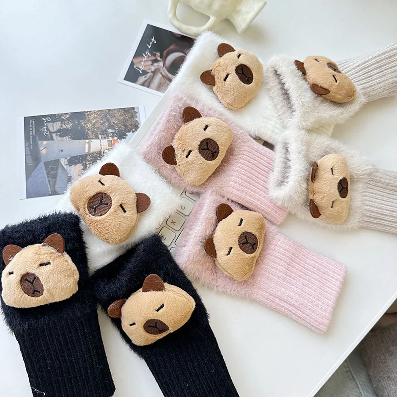 Cute Kapibala Capybara Plushie Doll Knitted Gloves Women's Winter Warm Wrist Gloves Girls Mittens Lolita Goth Fingerless Gloves image 4