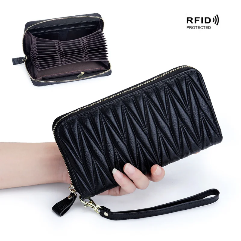 Western RFID Blocking Cowhide Leather Embossed Long Women Wallet Large Capacity Organ Card Holder Coin Purse for Ladies