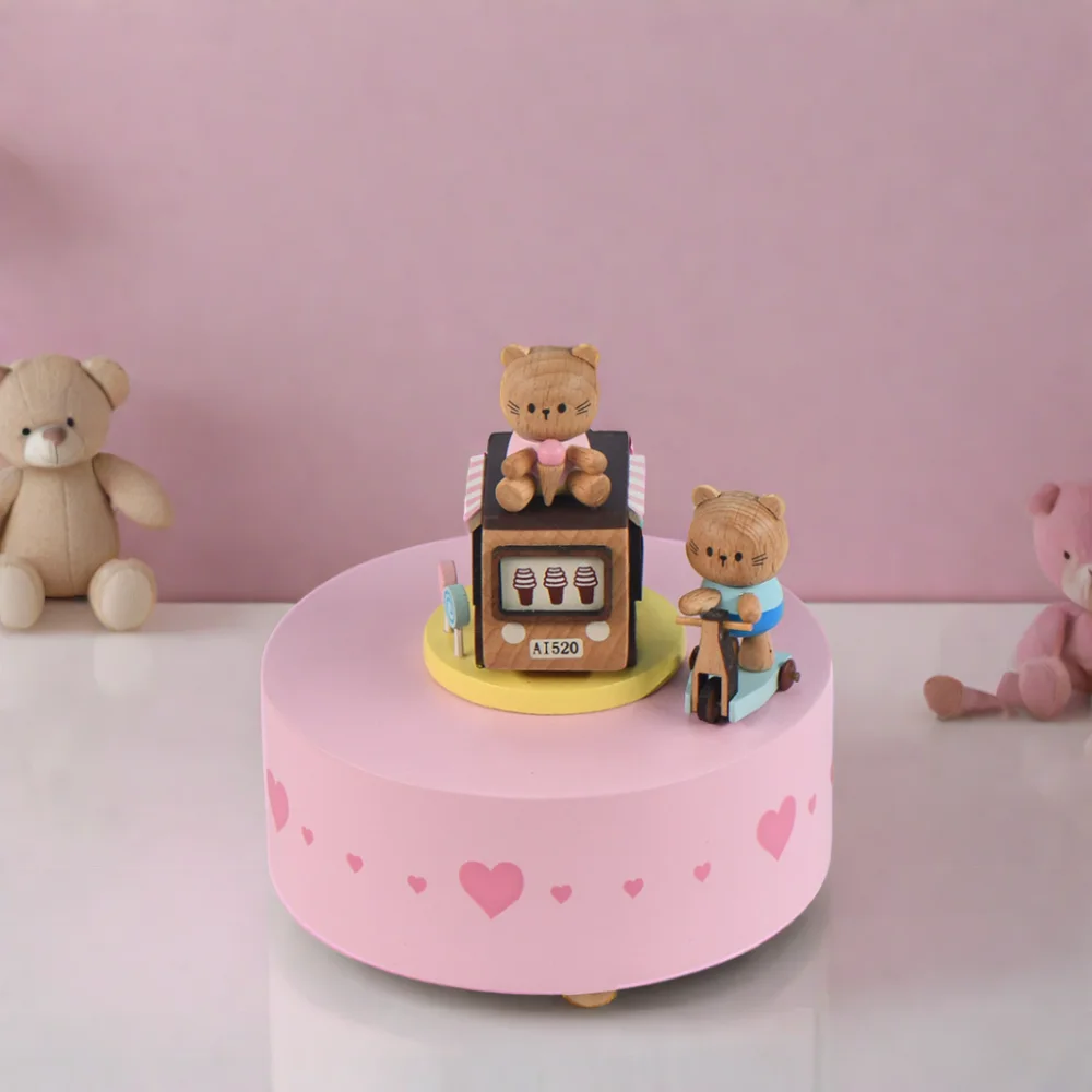 

New Style Pink Sweet Lovely Cats 13cm Clockwork Toy Wood Music Box for Kid Gifts