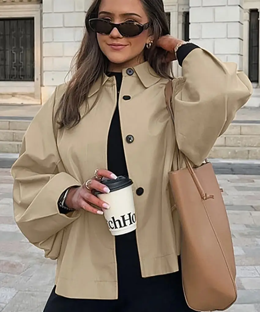 

WXOY Women Khaki Button Down Short Jacket Long Sleeve Elegant Trench Coat Lapel Casual Chic Coat Work Office Travel Streetwear