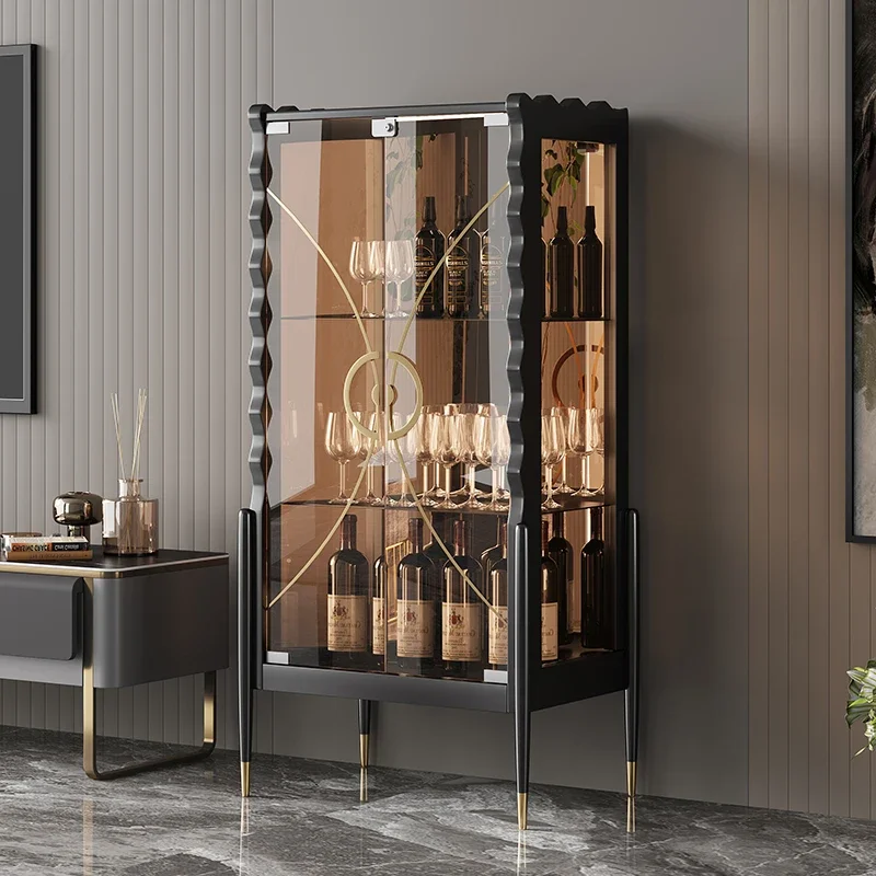 

Shelves Mobile Bar Cabinet Storage Glass Metal Living Room Wine Cabinet Luxury Display Transparent Armoire Trendy Furniture