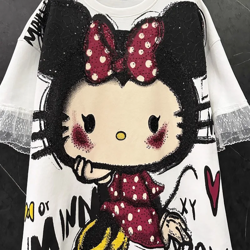 

Cartoon Little Girl Mesh Splicing Tshirt Dress Women's Loose Casual Medium And Long Half-sleeved Top Summer New T-shirts Pulover