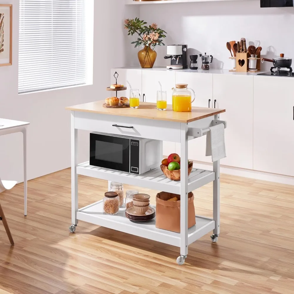 Width Kitchen Island Cart on Wheels, 3 Tiers Rolling Utility Cart with Solid Wood Top and Drawer & 2 Spacious Storage Shelf