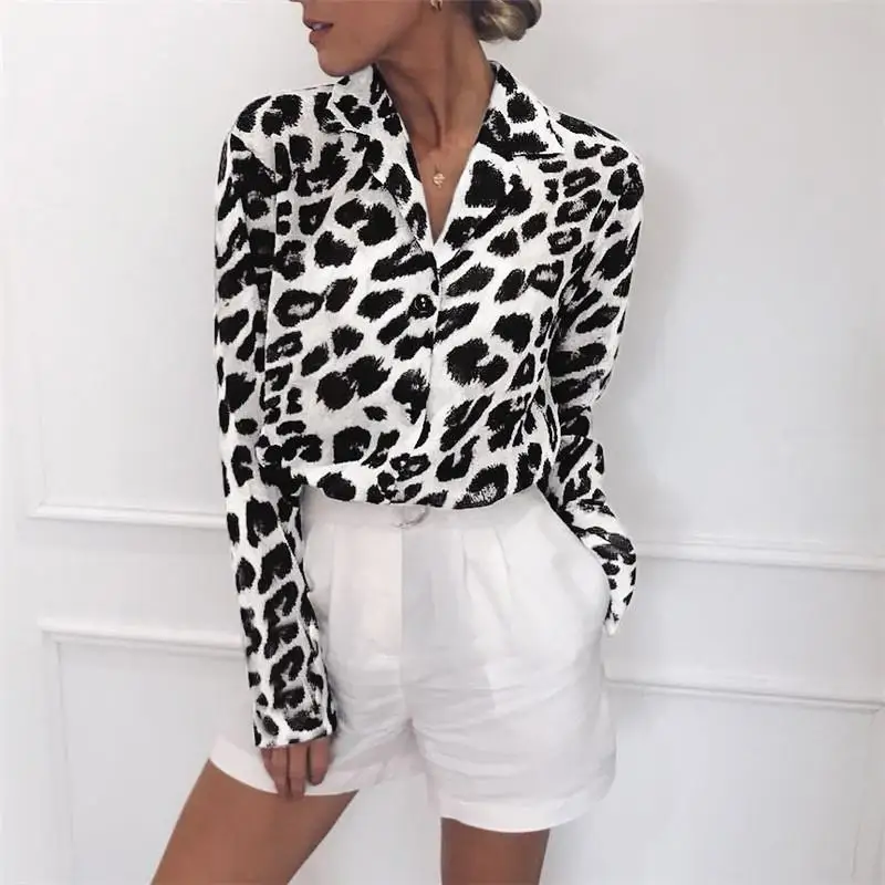 Primavera Estate 2020 Casual Stampa Leopardata Lungo Sve Donna irt Chiffon Loose Fit Misto Cotone Faionable Top Wi Bestseller