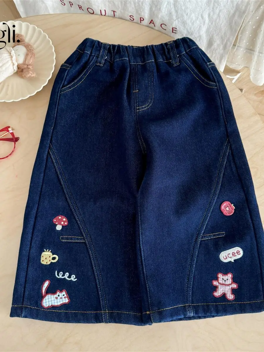 Abbigliamento Invernale per Bambina, Pantaloni in Denim a Gamba Dritta con Ricami, Pantaloni Larghi in Velluto Imbottiti per Autunno e Inverno