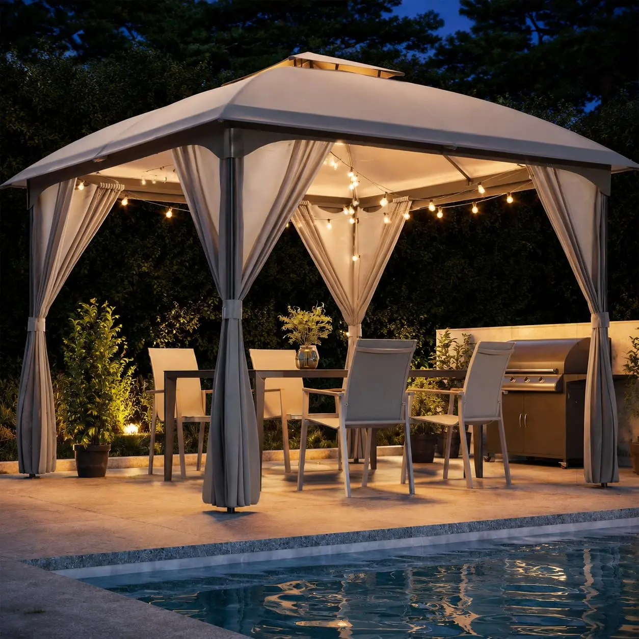 10'x10' Patio Arc Gazebo, Outdoor Canopy Tent with Curved Roof Design, Double Tier Top, Privacy Curtains &