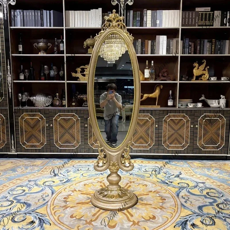JZ French Solid Wood Full-length Mirror European Luxury Carved Bedroom Makeup Mirror With Drawer Suitable For Luxury Villas