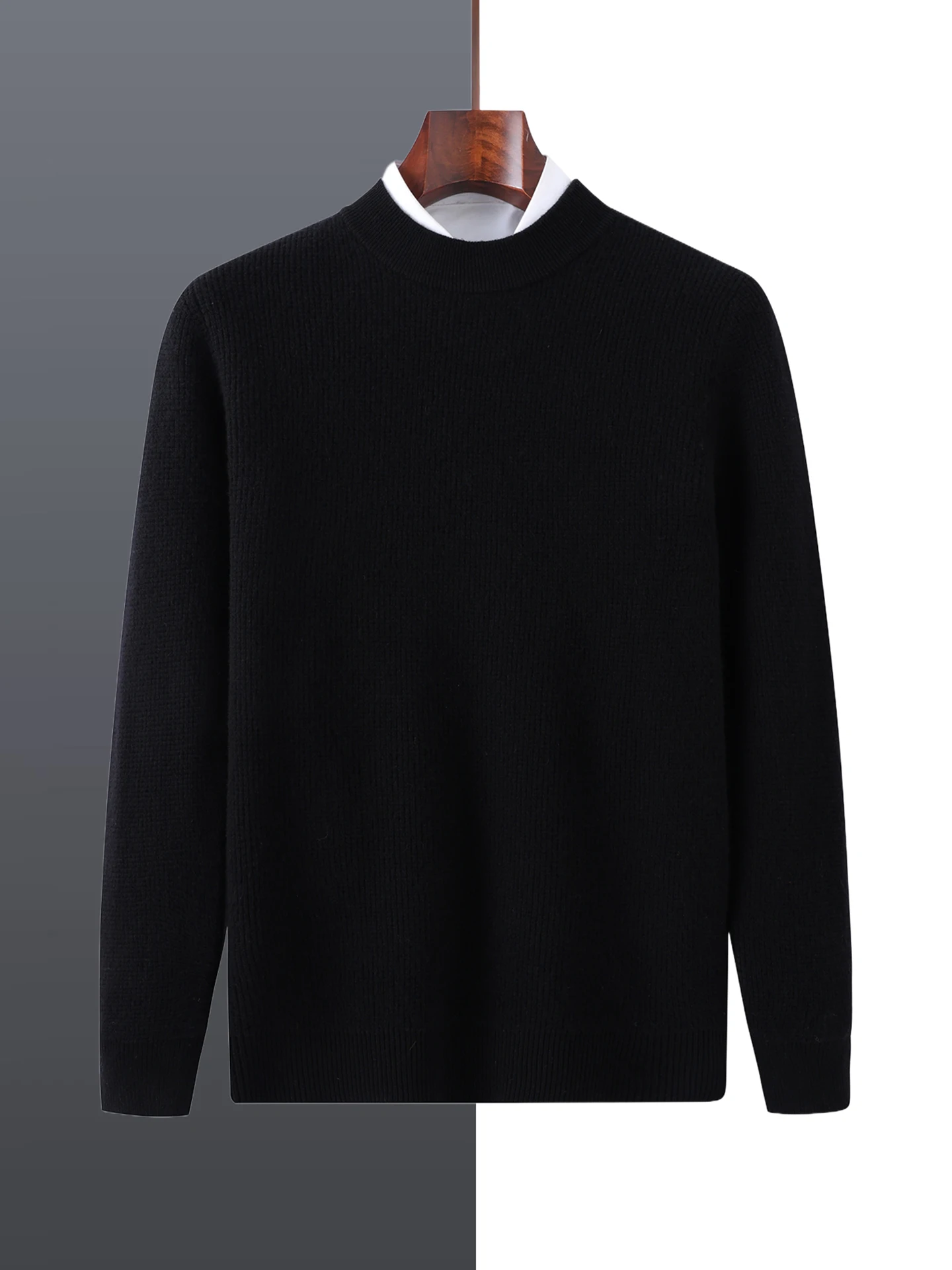 Merino 100% Wool Men's Round Neck Small Square Pattern Autumn Winter Thick Casual Fashion Knitted Cashmere Sweater