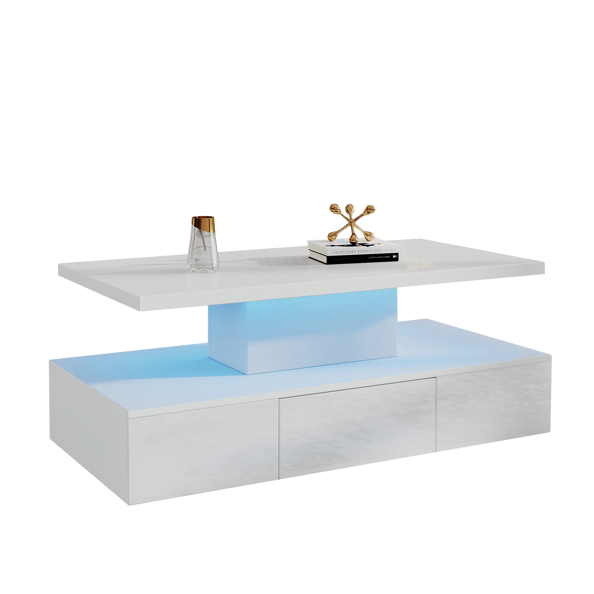 طاولة قهوة من طبقتين لغرفة المعيشة، 16 لونًا بإضاءة LED، تصميم عالي اللمعان، رف عرض مفتوح #3