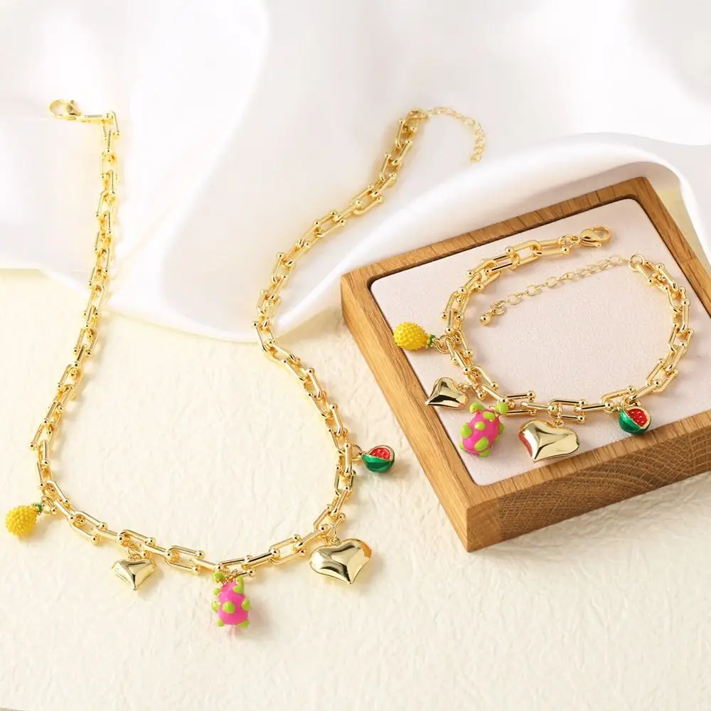 Retro European Style Strawberry Necklace Fruit Series Gilded Cherry Bracelet Loveheart Luxury Pitaya Chain Choker Travel