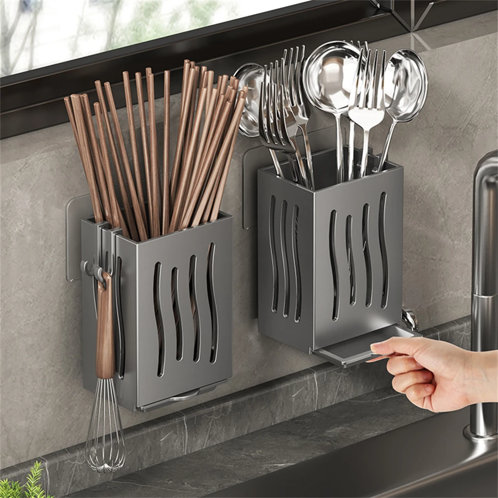 Plastic Kitchen Cutlery Holder Drainer Container Wall Mounted Kitchen Drying Rack Cutlery Organizer With Drip Tray Black Grey