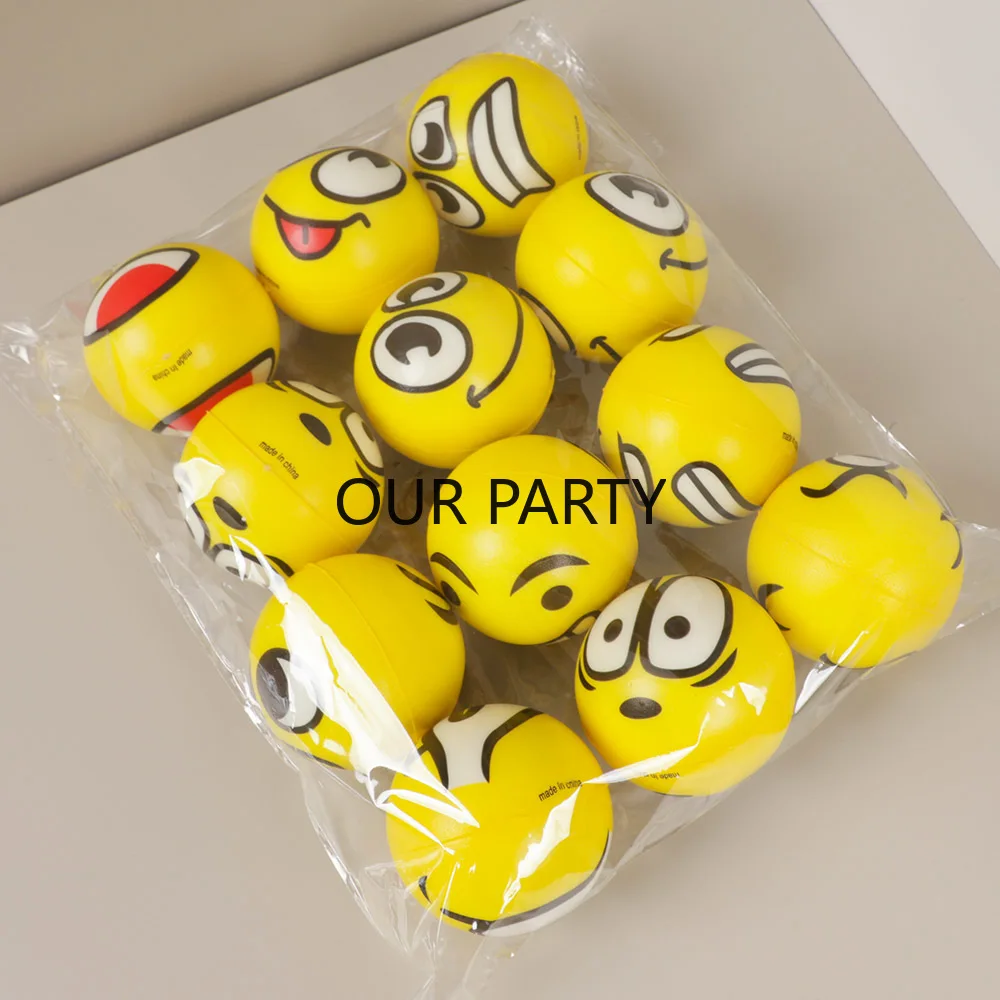 12Pcs Cartoon Face Soft PU Bouncy Ball Stress Reliver Toys for Kids Birthday Party Favors Baby Shower Gifts Pinata Fillers