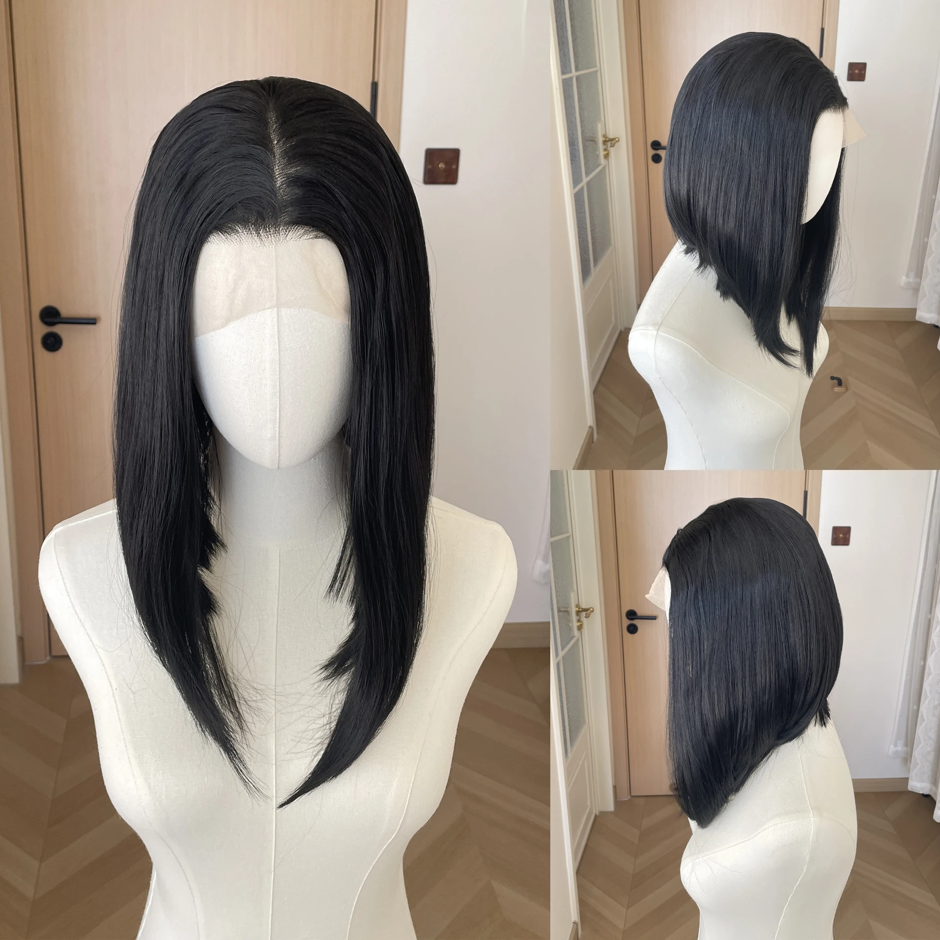 

Jet Black 13x6 Synthetic Lace Front Wigs for Black Women Shoulder Length Bob Glueless Synthetic Wigs Natural Hairline Fashion