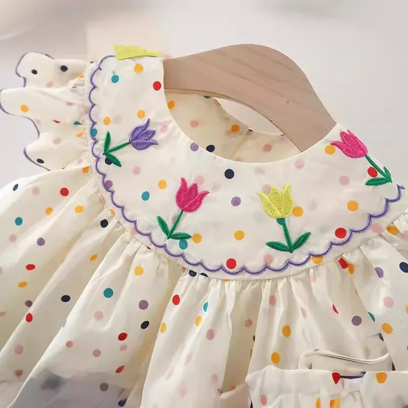 Summer New Baby Girls Dress Small Flying Sleeve Tulip Flower Embroidery Colorful Polka Dot Sweet Princess Dress