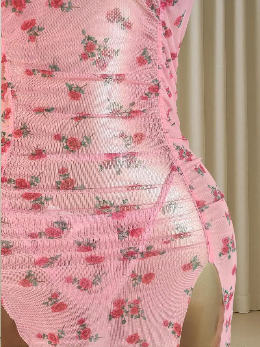 

Sexy Floral Lace Babydoll Nightgown With Split Thigh Design For Women