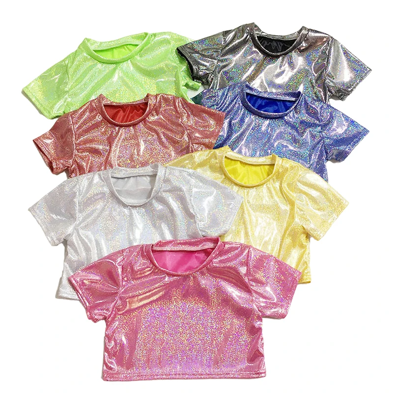 Adult Hip Hop Dance Tops Kids Girl Boy Metallic Crop Top Shiny T-shirt Short Sleeve Glitter Jazz Clothing Costume Rave Festival