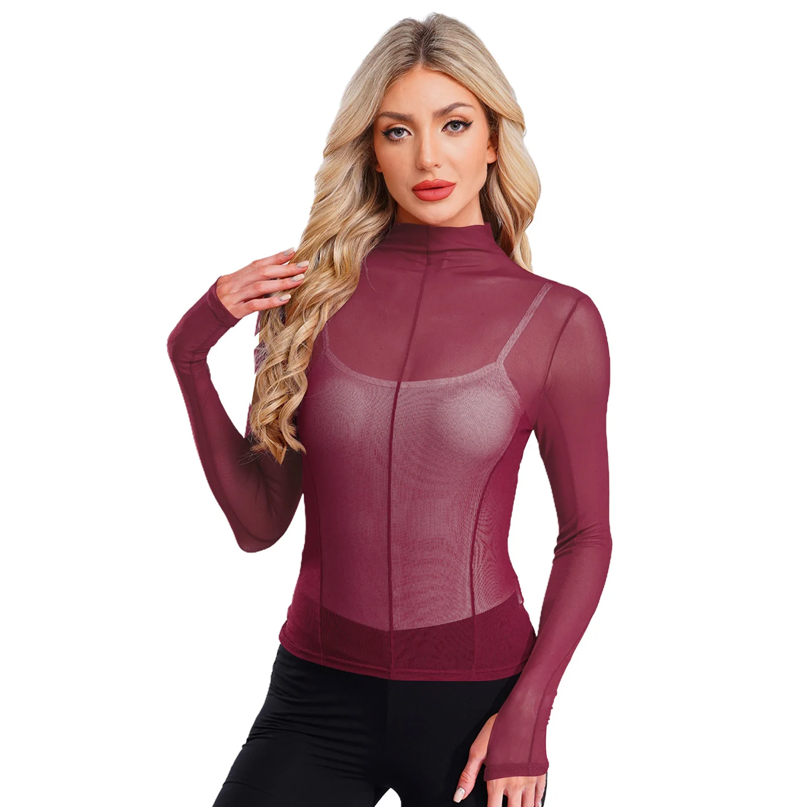 

Womens See-Through Mesh Yoga Top Shirts Mock Neck Long Sleeve T-shirt Tops Dance Workout Fitness Running Sportswear Streetwear