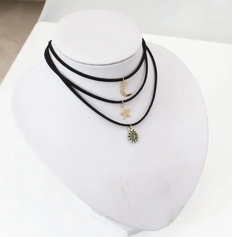 3pcs/Set Vintage Women Gothic Multilayer Necklace For Women Girls Black Leather Rope Sun Moon Choker Necklaces Jewelry Set Gift