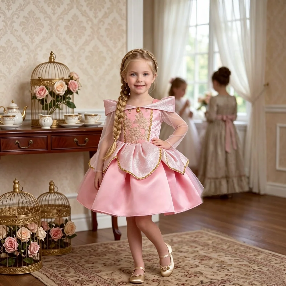 Robe de scène pour filles, style Princesse Aurora, avec bretelles spaghetti et superposition de tulle, robe de la Belle au bois dormant.