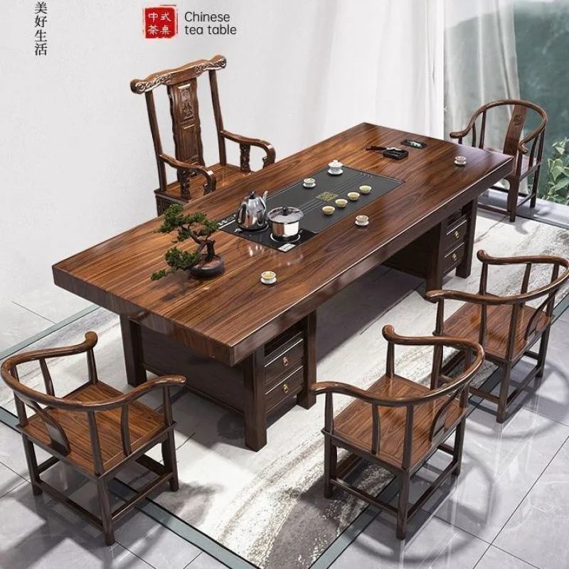

High-end solid wood large board tea table and chair combination into a complete set of new Chinese coffee table, tea set, office