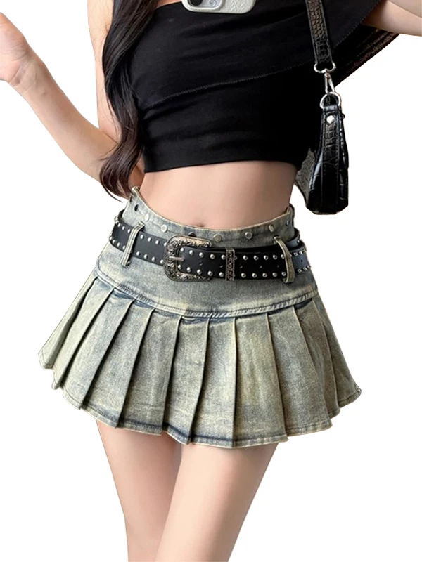 

XQ Spring 2025 American Retro High Waist Denim Skirt Women's Slimming Pleated ort Skirt Ci Commute Pure Color A-Line