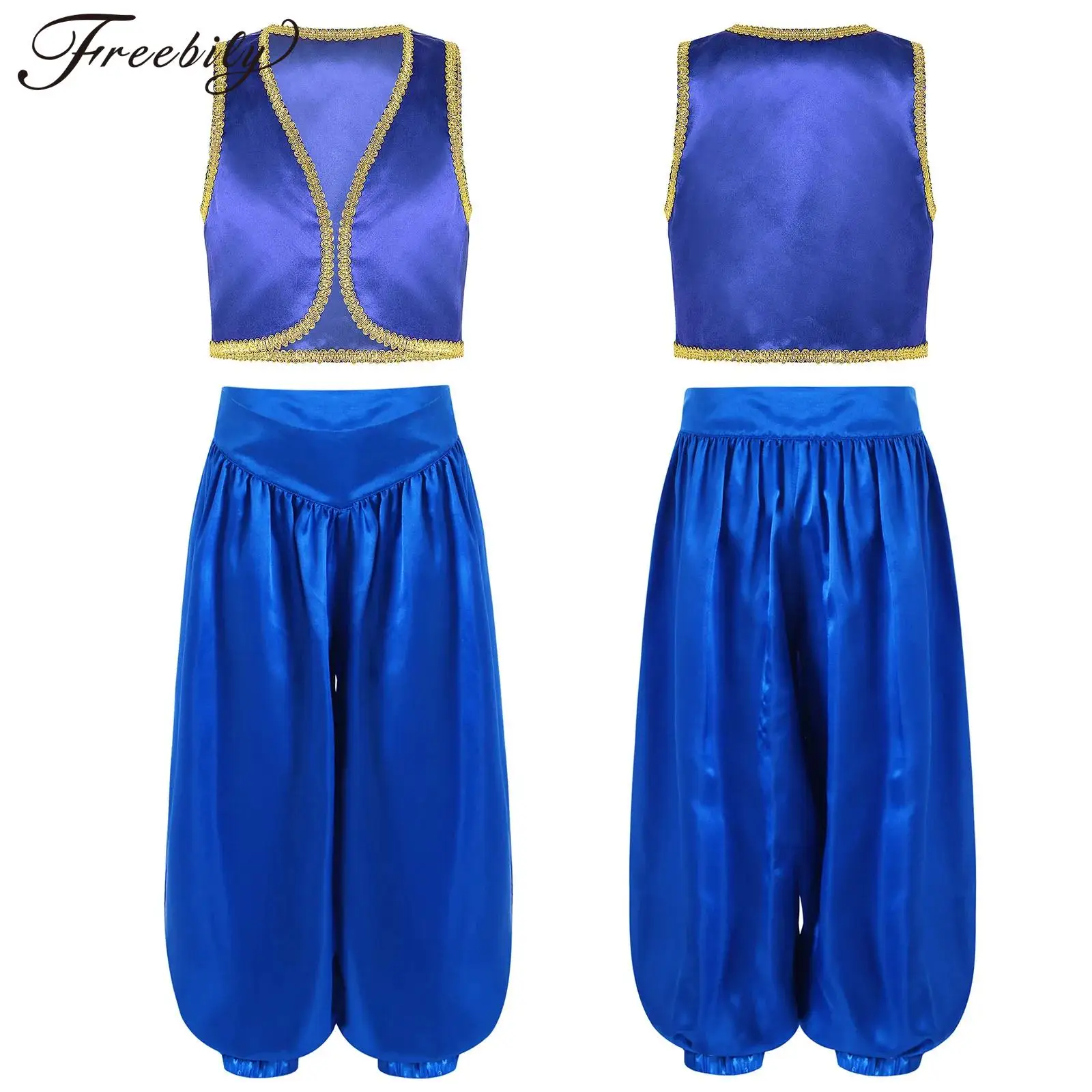 

Kids Boys Fairytale Character Cosplay Costume Satin Arabian Prince Outfits Sleeveless Waistcoat with Waistband Bloomers Set