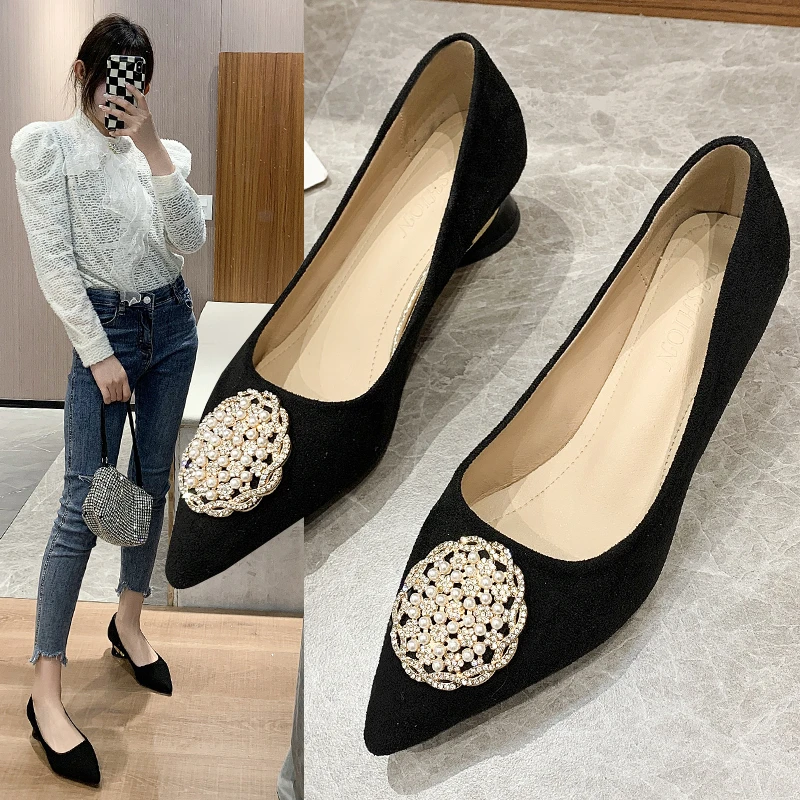 2022 Womens Pumps Solid Pointed Toe Suede Chunky High Heels Rhinestone Decoration Party Shoes Gladiator 35-43 Kopmkp Fashion