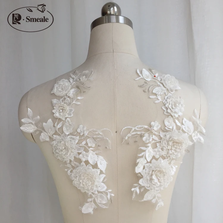 Handmade Beaded Lace Accessories for Wedding Dance Wear, 3D Flowers, Off-White Silver, DIY, RS2673