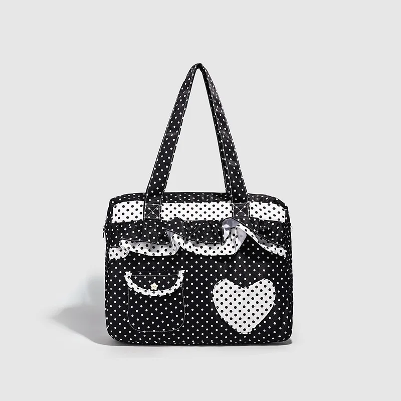 

2025New Japanese Style Bag Travel Picnic Bag Portable large capacity black and white polka dot handbag，Spacious commuter bag sty