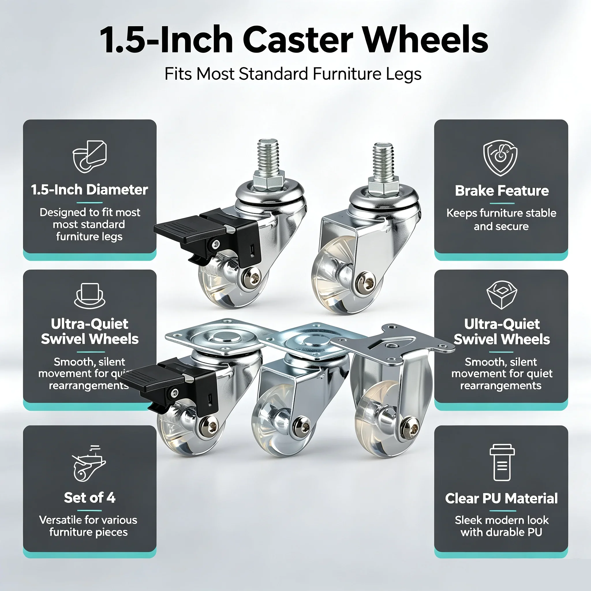 4 PCS 1.5-Inch Clear PU Casters Ultra-Quiet Swivel Wheels with Brake for Smooth Furniture Movement