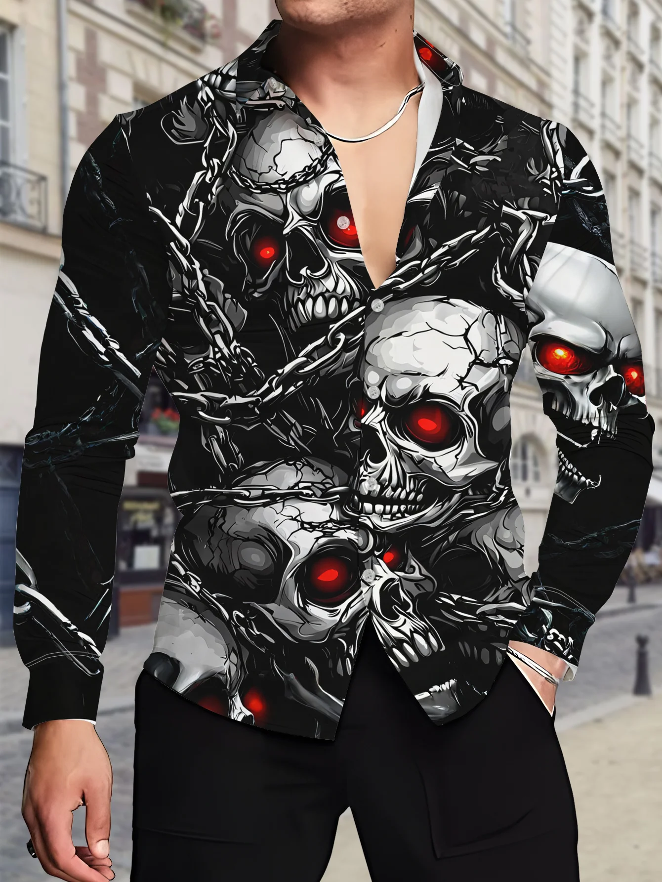 Men Long Sleeve Button Down Shirt Black Red‑Eye Skull Chain Print Polyester Lapel Collar Gothic Halloween