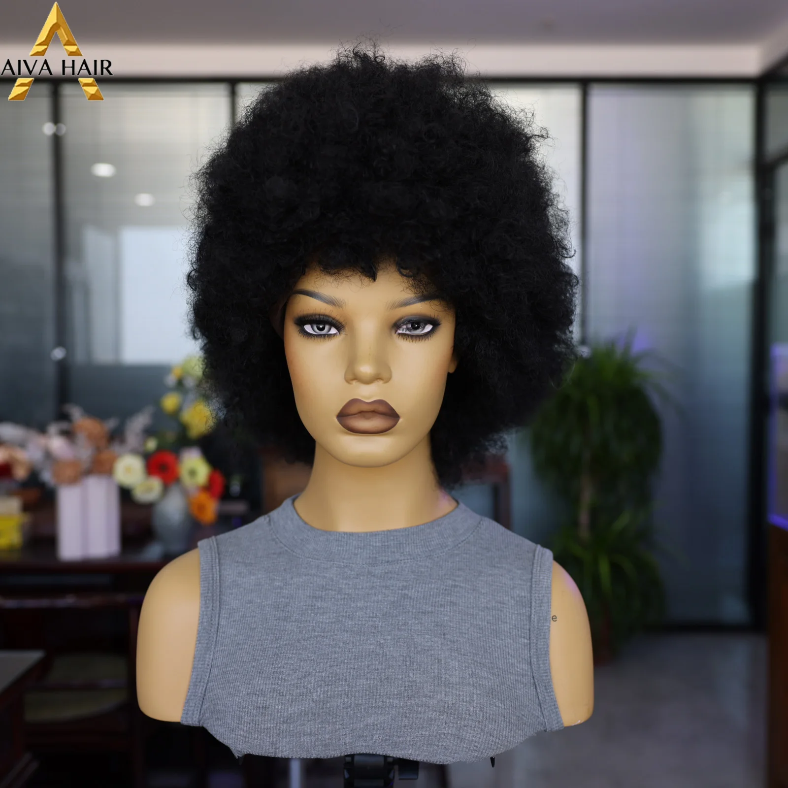 

Aiva Black Synthetic 180 Density Wig for Black Women Cosplay Explosive Head Type Fluffy Transparent Lace Natural Hair Line