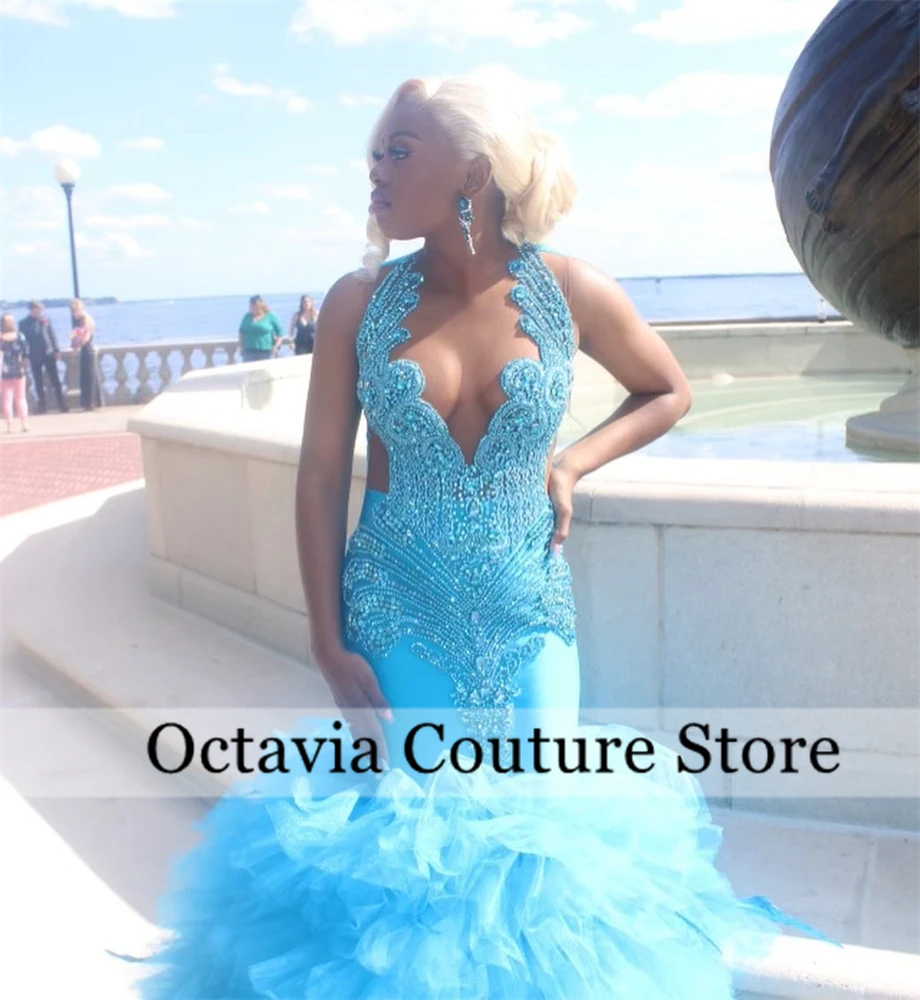 Blue Bead Crystal Long Prom Dresses Black Girls Rhinestone 2025 Birthday Luxury Dress Tiered Ruffles Graduation Gown Customized