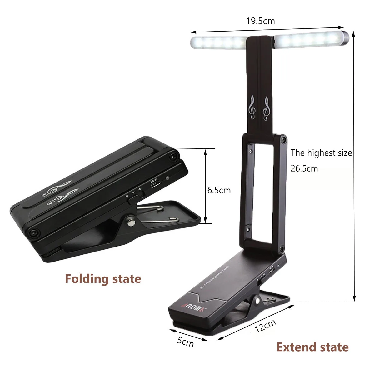 Aroma AL-1 Clip On Rechargeable Music Stand Lamp Dual Head Foldable Orchestra Sheet Read Lamp USB Guitar/Piano LED Stage Lights