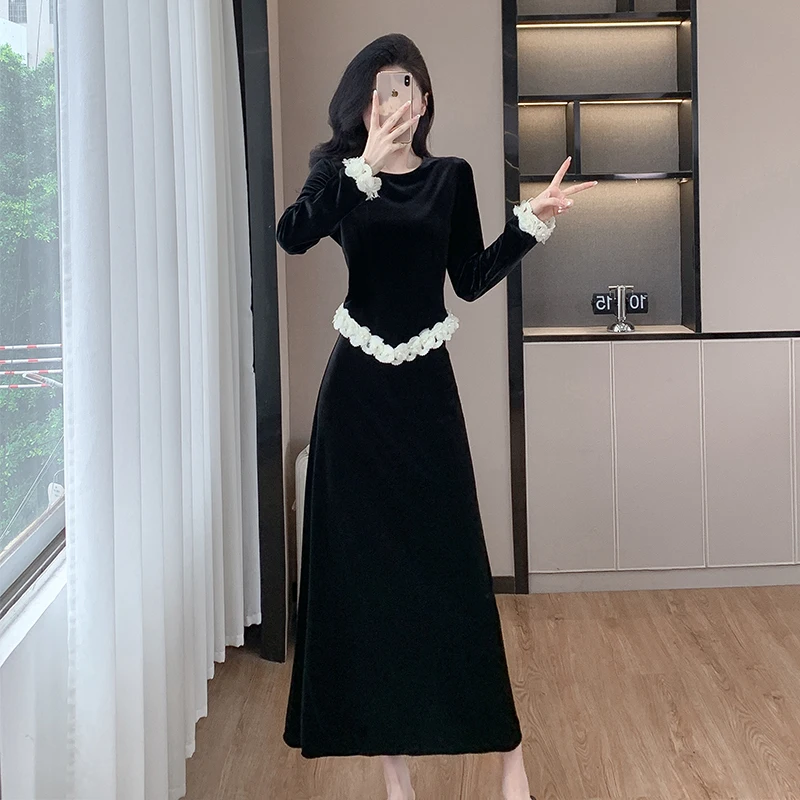 High Quality Women Velvet Office Two Piece Set New Autumn Long Sleeve Beading Floral O Neck Tops + Midi Velour Black Skirt Suits