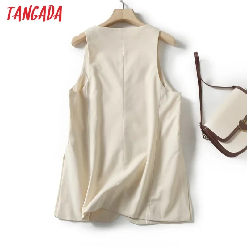 Tangada Women 2024 Beige Cotton Linen Long Waistcoat Buttons Vintage Sleeveless Female Coat 4C127