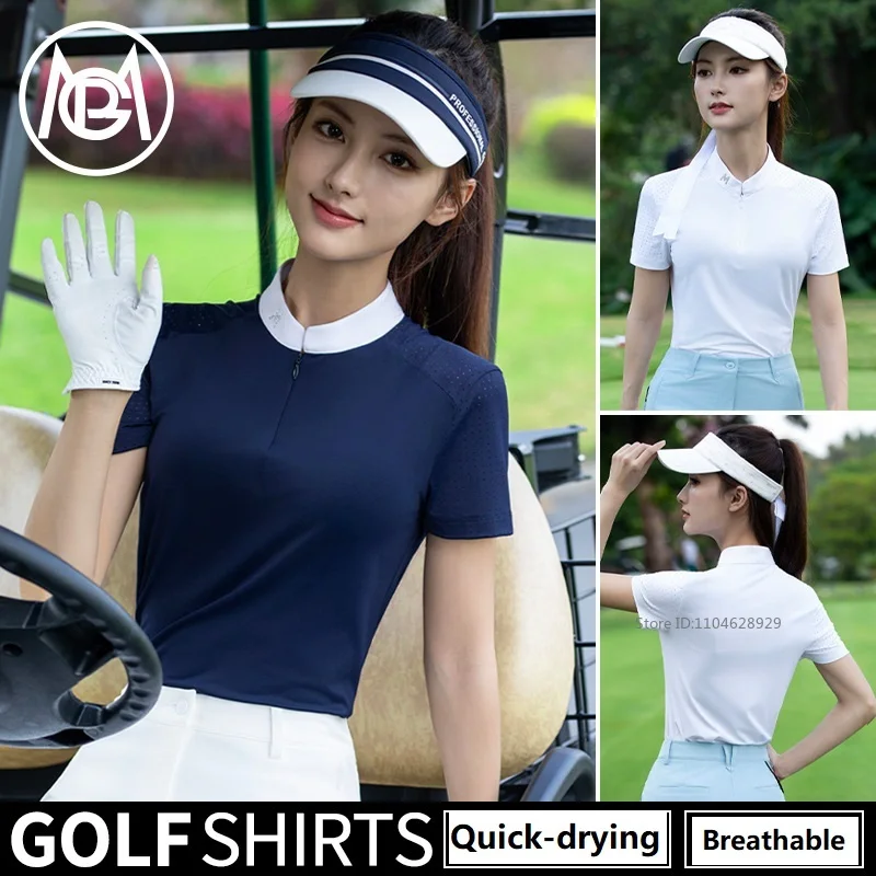 PGM Golf Women Summer Short Sleeve T-shirt Zipper Collar Quick-dry Slim Polo Shirts Ladies Breathable Casual Sports Top Clothing