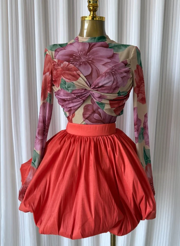 JENYAGE Women Sexy Floral Mesh Mock Neck Long Sleeve Twisted Top + Coral Puffy Bubble Mini Skirt Two Piece Evening Party Set