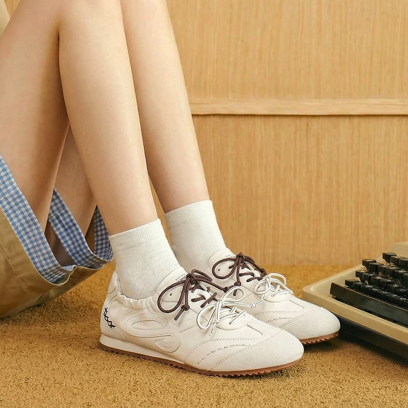 BEAUTODAY Fashion Trainers Women Cow Leather Round Toe Multi-lace Elastic Band Sneakers Lace-up Ladies Shoes Handmade 29982