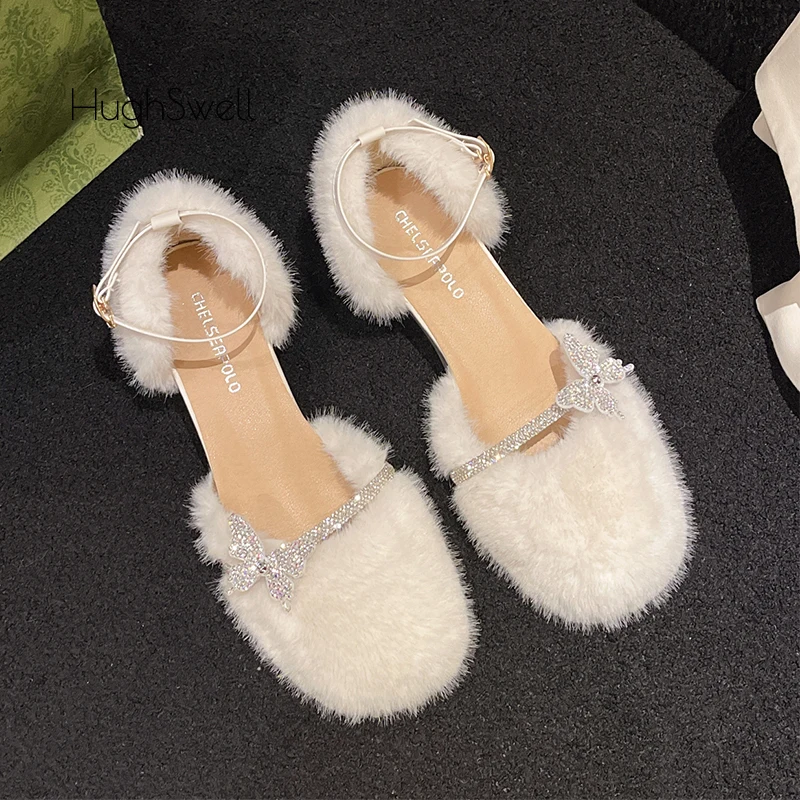 

Bling Rhinestone Butterfly Belt Mink Fur Sandals Woman Elegant White Fluffy Ankle Strap Pumps Ladies Low Heel Plush Party Shoes