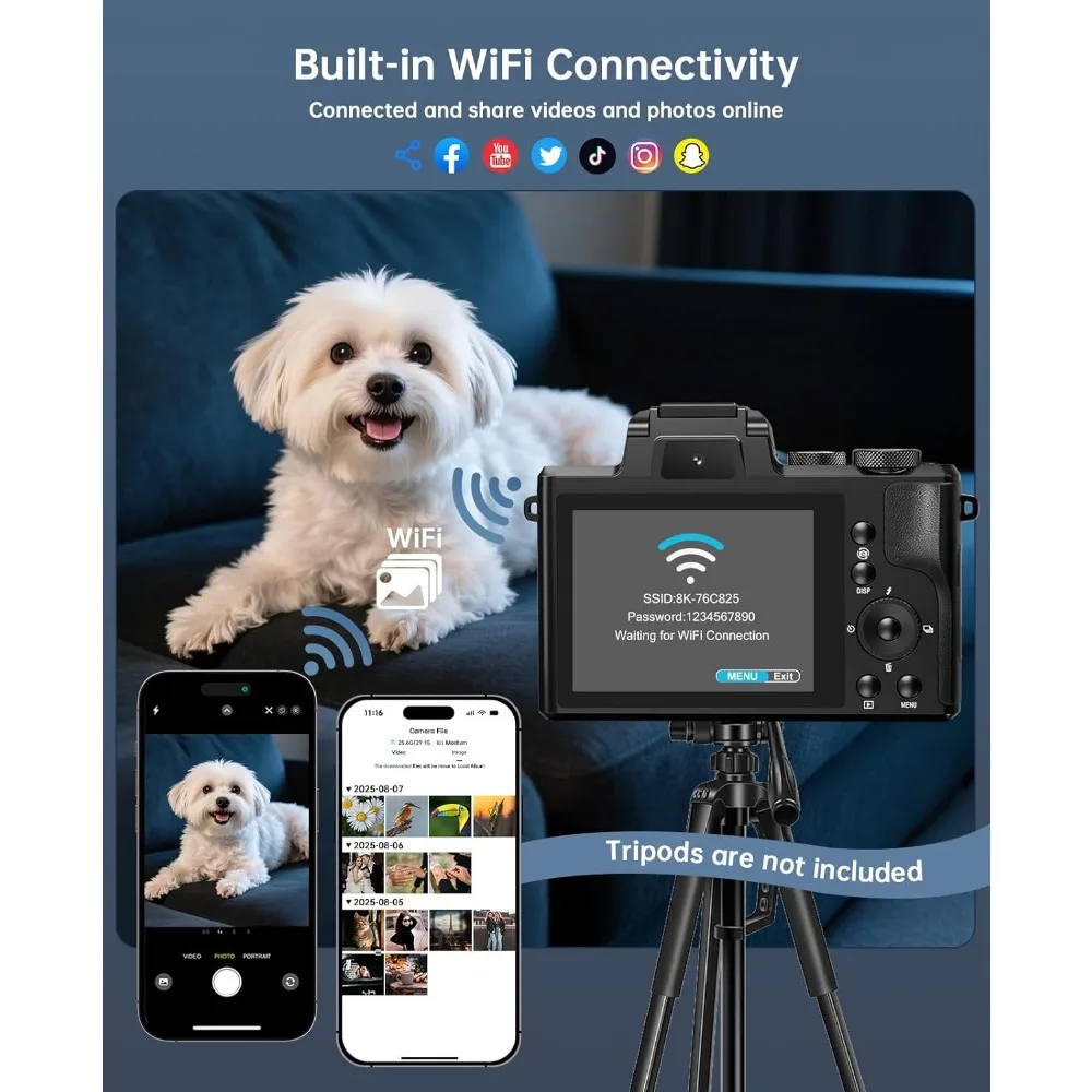 كاميرا رقمية احترافية بعدسة 8K مع ضبط تلقائي للصورة بدقة 88 ميجابكسل واتصال WiFi، تتميز بتكبير رقمي 16X للتصوير الفوتوغرافي