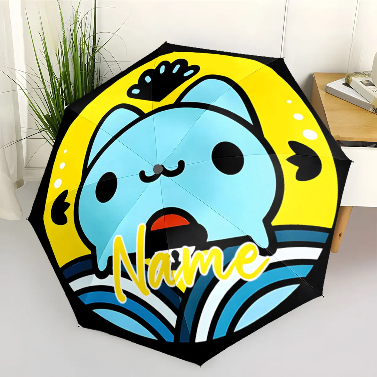 Custom Name Cute Cartoon Design Umbrella in Bright Colors Print 8 Iron Ribs Folding Umbrella Auto-Open Fashion Sunshade
