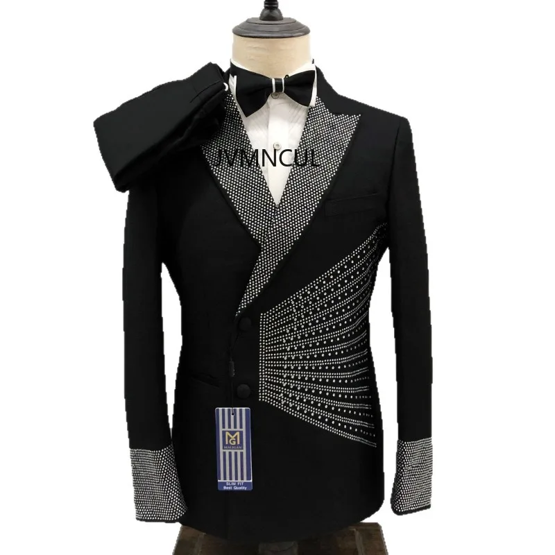 Cross - border European and American Men's Tailored Fit Hot - drilled Sequins Pointed Collar Tuxedo for Grooms and Wedding Hosts