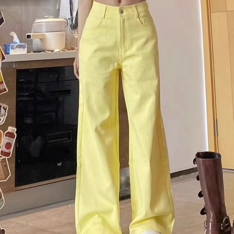 Spring Autumn Fashion High Waist Solid Pocket Jeans Women\'s Clothing Loose Casual Button Trend Simplicity Korean Straight Pants