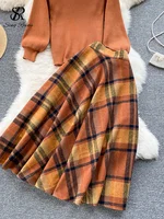 SINGREINY Women Retro Sweater Suits 2024 Fashion Lantern Sleeve Sheath Knitted Top+Elastic Loose Long Skirt Two Pieces Sets - Image 4