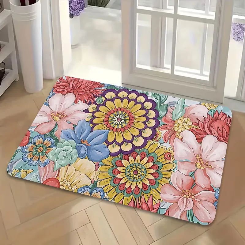 Vibrant Bohemian Floral Printed Doormat Colorful Hand‑Drawn Blossom Flower Art Pattern Decorative Welcome Entrance Floor Rug Mat