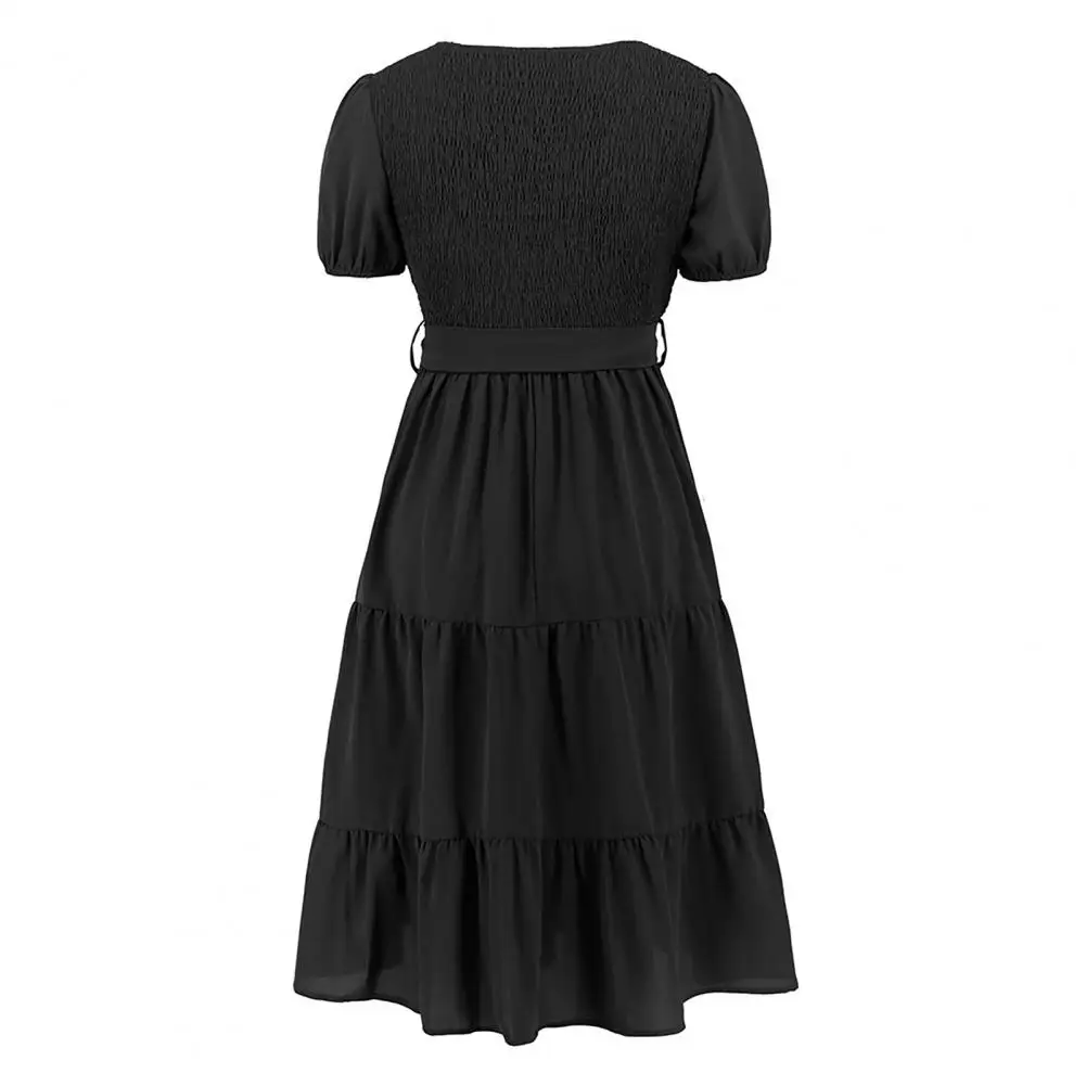 

Lady Summer Dress Chic Summer Dresses A-line V-neck Belted Styles with Lace-up Detailing Knee-length Hem for Women Women Midi