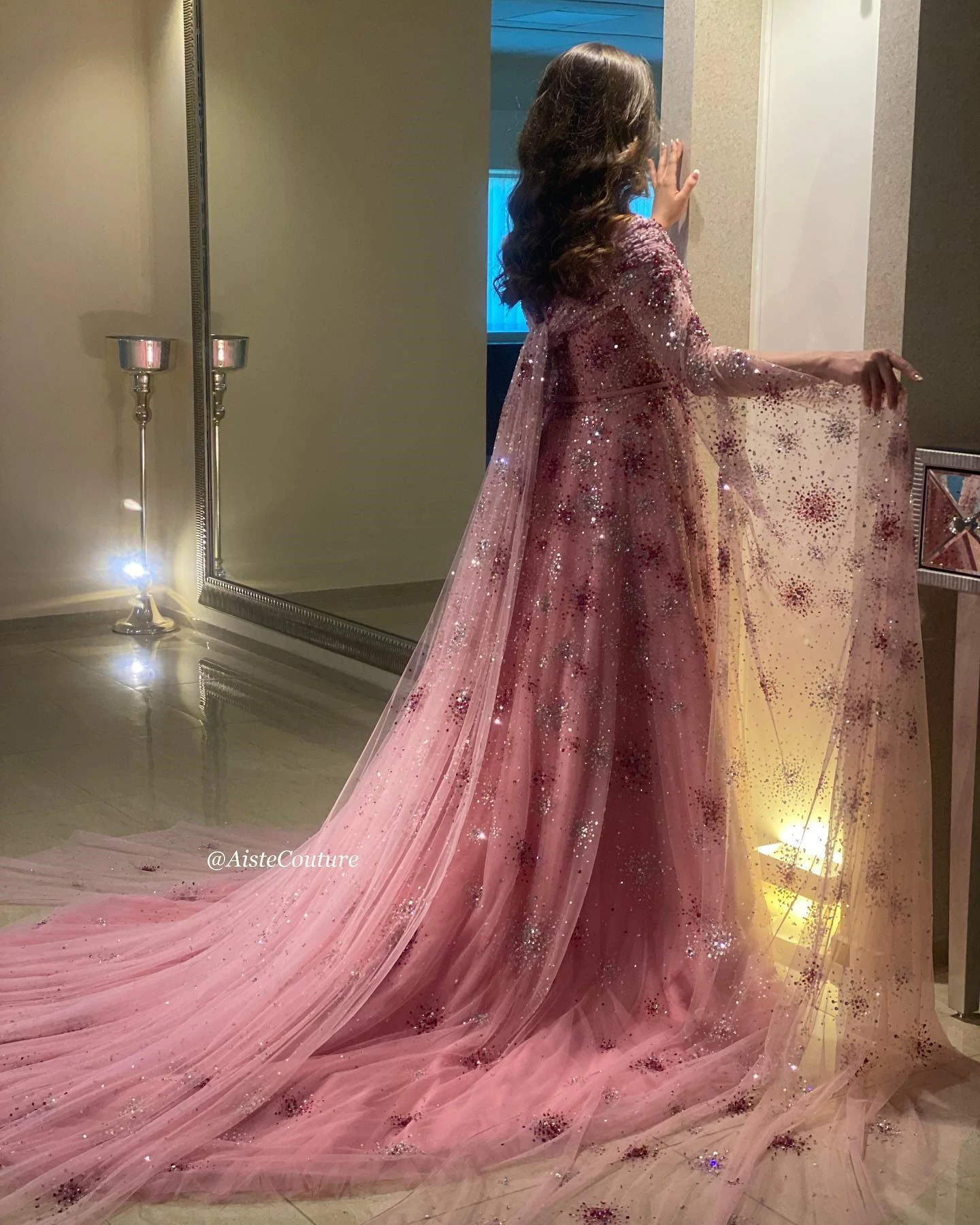 FATAPAESE  Customized Sparking Prom Gown with Cap Tulle Long Fluffy Sleeve Fully Sequin Flower Fabric Cathedral Tail Formal Ball