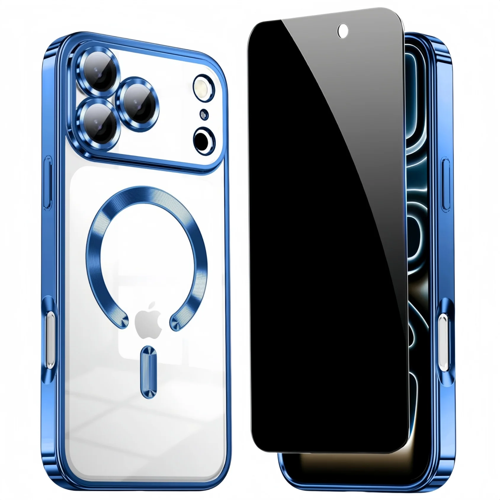 Magnetische Hülle für iPhone 17 Pro Max 17e Air mit Blickschutzfolie, kompatibel, stoßfest, schlank, glänzend, luxuriös, blau
